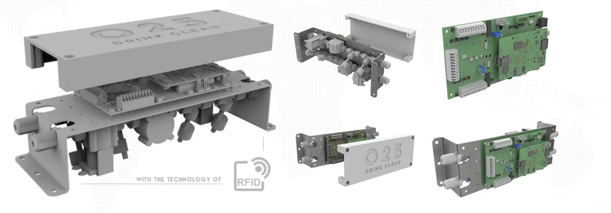 The intelligence module: enclosure, water interfaces, sensing assembly and electronic boards